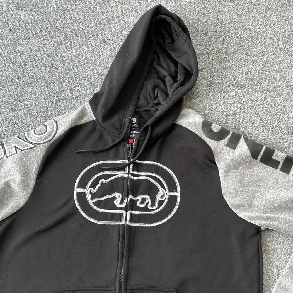 Ecko Unltd Hoodie Mens Large Black Gray Rhino Logo Full Zip Sweatshirt Fleece - Picture 2 of 9